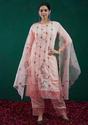 Peach Embroidered Polyester Kurta Set