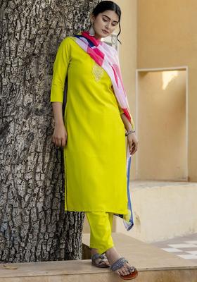 Lime Green Embroidered Viscose Kurta Set