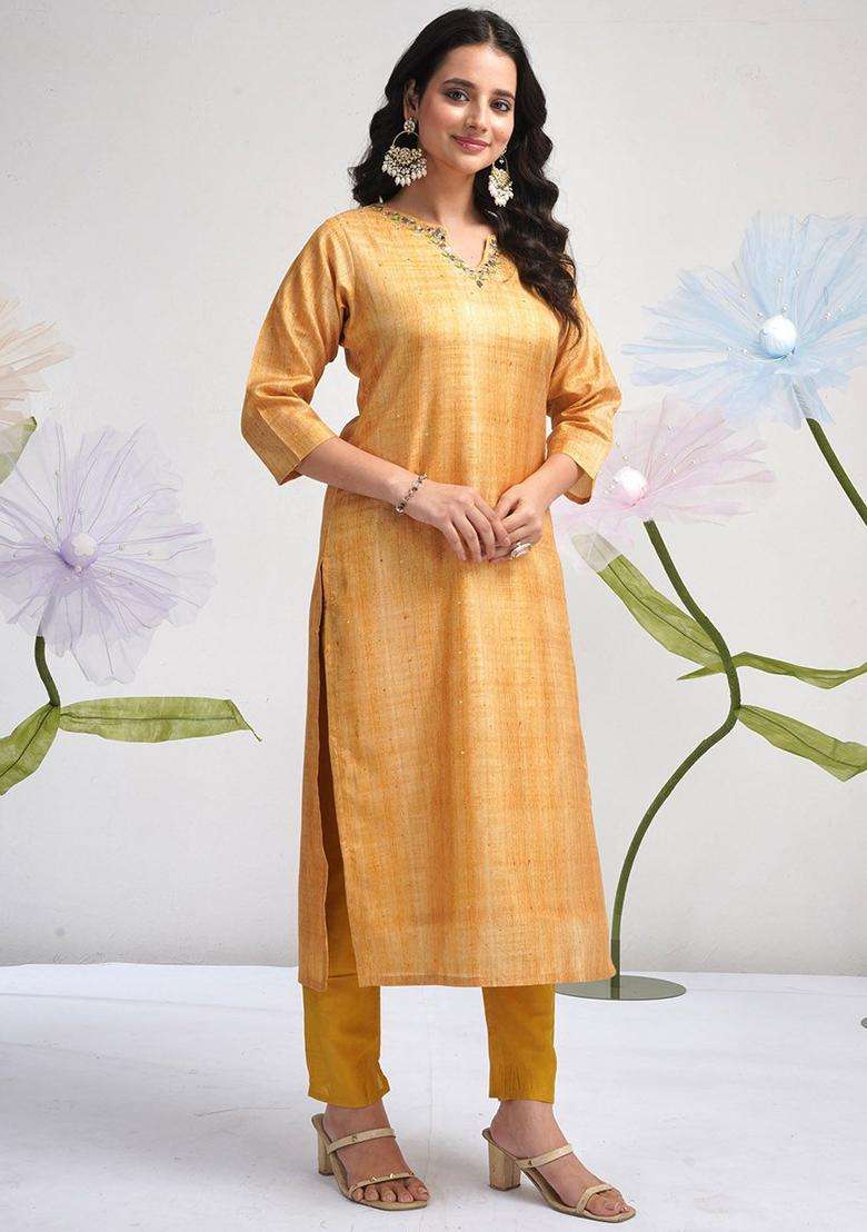 Yellow Solid Cotton Kurta Set - Indya