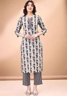 Grey Printed Cotton Kurta Set