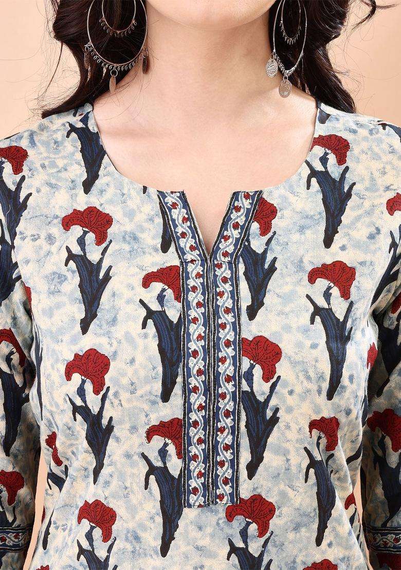 Grey Printed Cotton Kurta Set - Indya