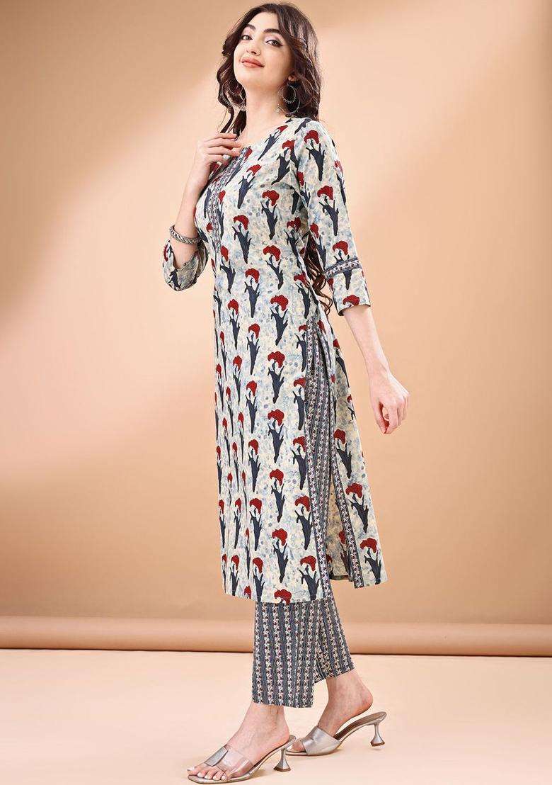Grey Printed Cotton Kurta Set - Indya