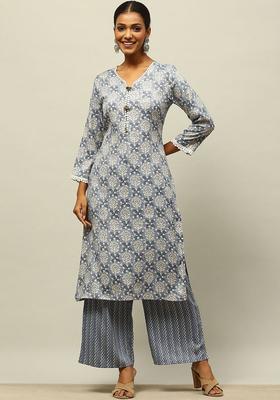 Grey Printed Viscose Kurta Set
