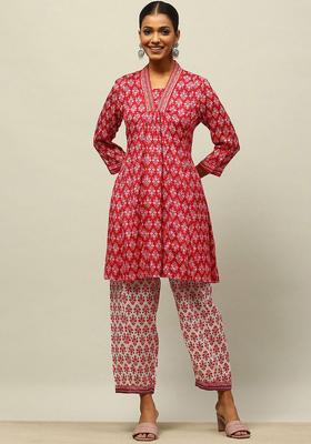 Red Printed Viscose Kurta Set