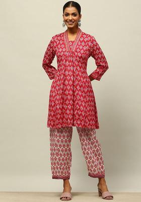 Red Printed Viscose Kurta Set