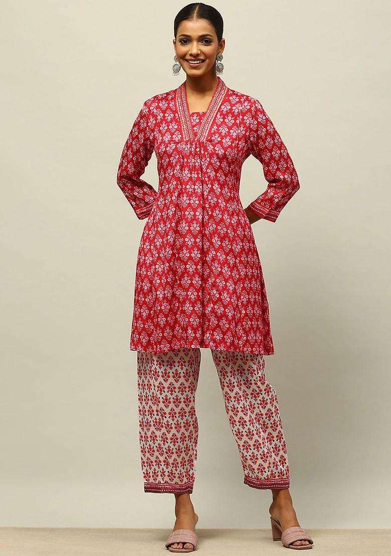 Red Printed Viscose Kurta Set - Indya