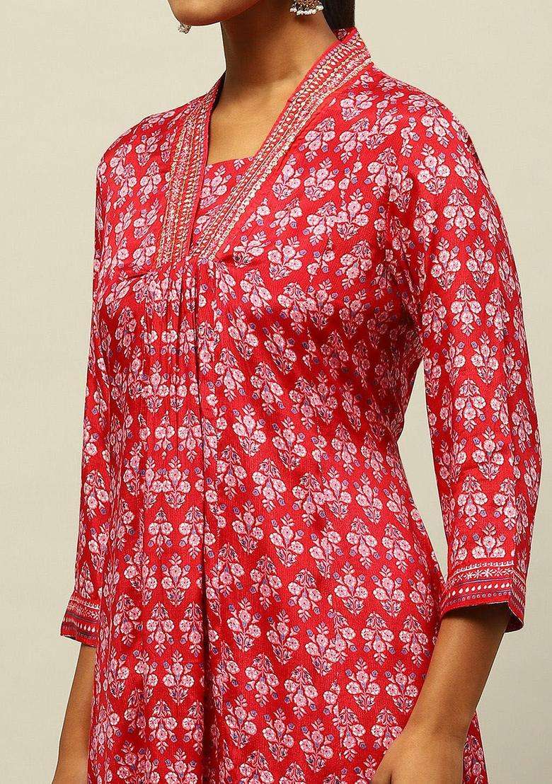 Red Printed Viscose Kurta Set - Indya