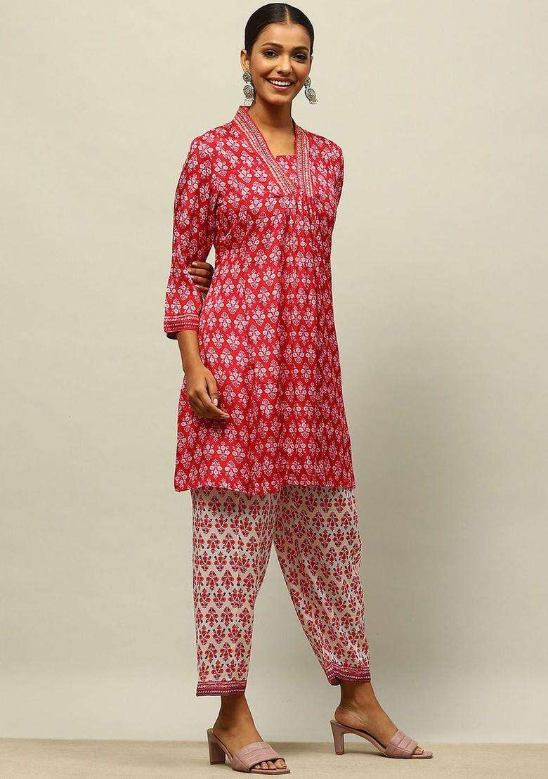 Red Printed Viscose Kurta Set - Indya