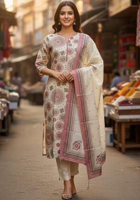 Off White Printed Silk Blend Kurta Set