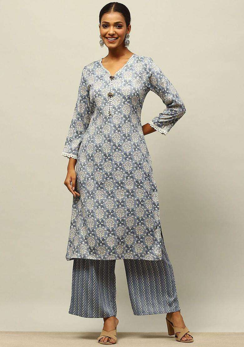 Grey Printed Viscose Kurta Set - Indya