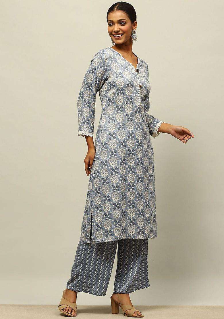 Grey Printed Viscose Kurta Set - Indya