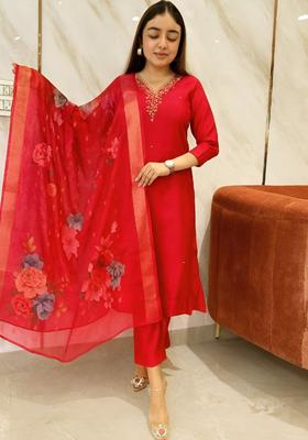 Red Embroidered Viscose Kurta Set