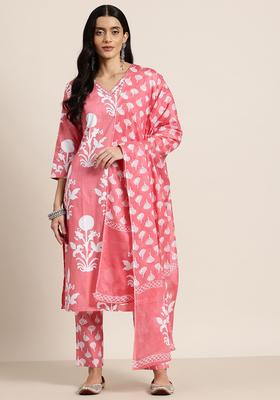 Peach Printed Cotton Kurta Set