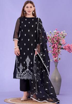 Black Embroidered Net Kurta Set