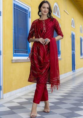 Maroon Woven Design Silk Blend Kurta Set