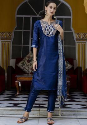 Navy Blue Embroidered Silk Kurta Set