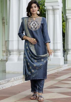 Grey Embroidered Silk Kurta Set