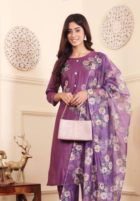Purple Printed Silk Kurta Set