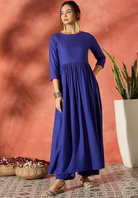 Blue Solid Viscose Anarkali Set