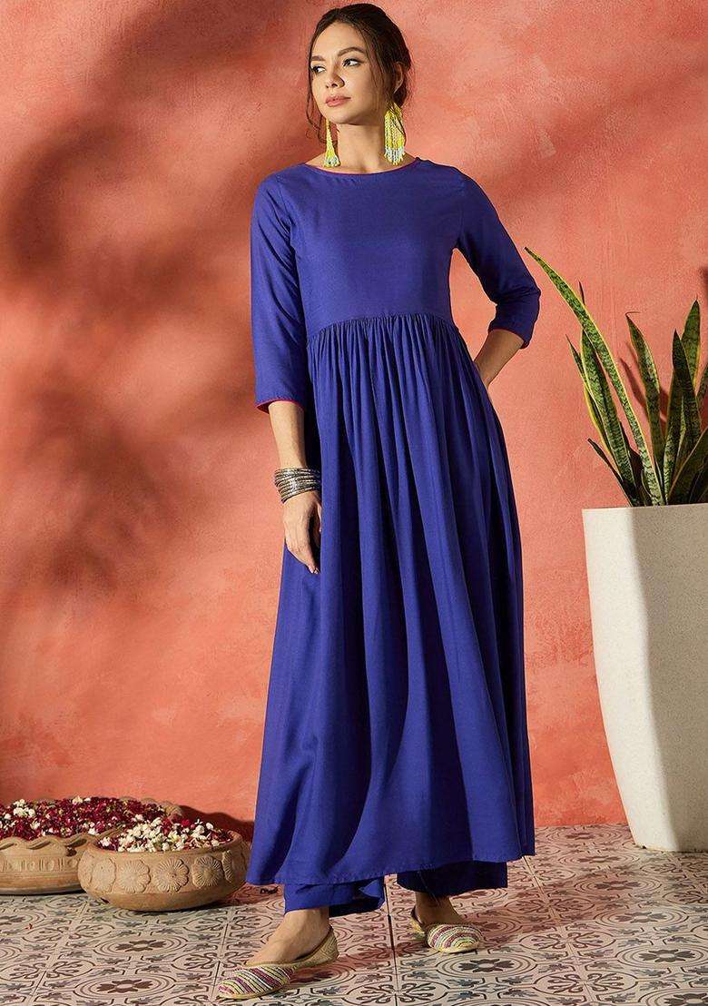 Blue Solid Viscose Anarkali Set - Indya