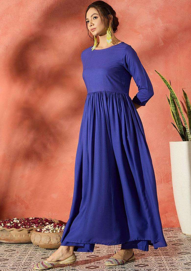 Blue Solid Viscose Anarkali Set - Indya