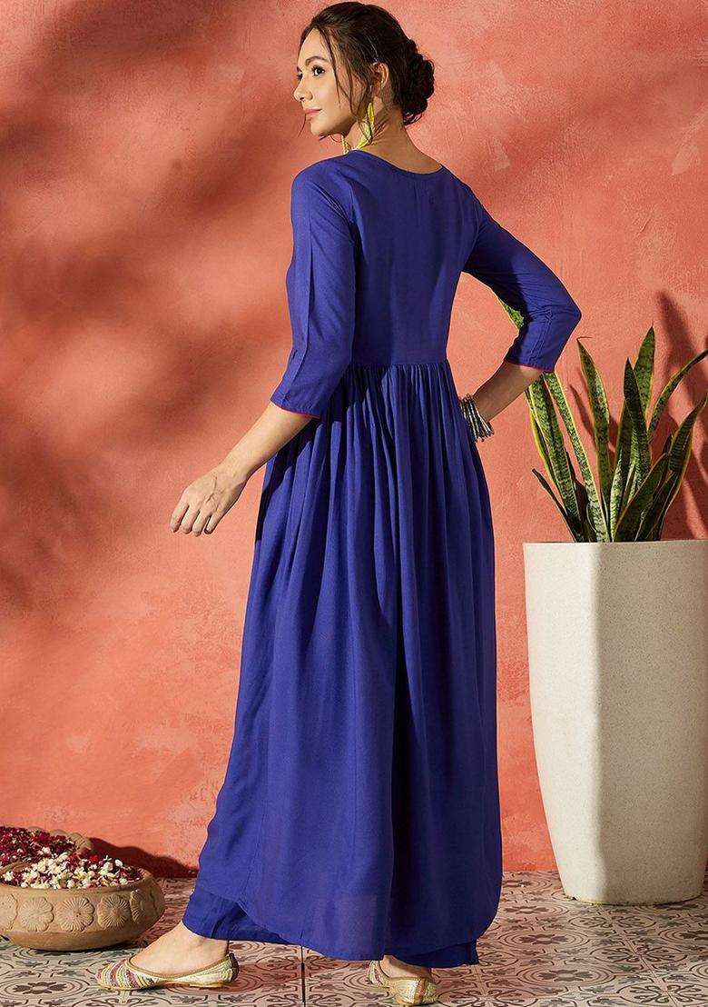 Blue Solid Viscose Anarkali Set - Indya