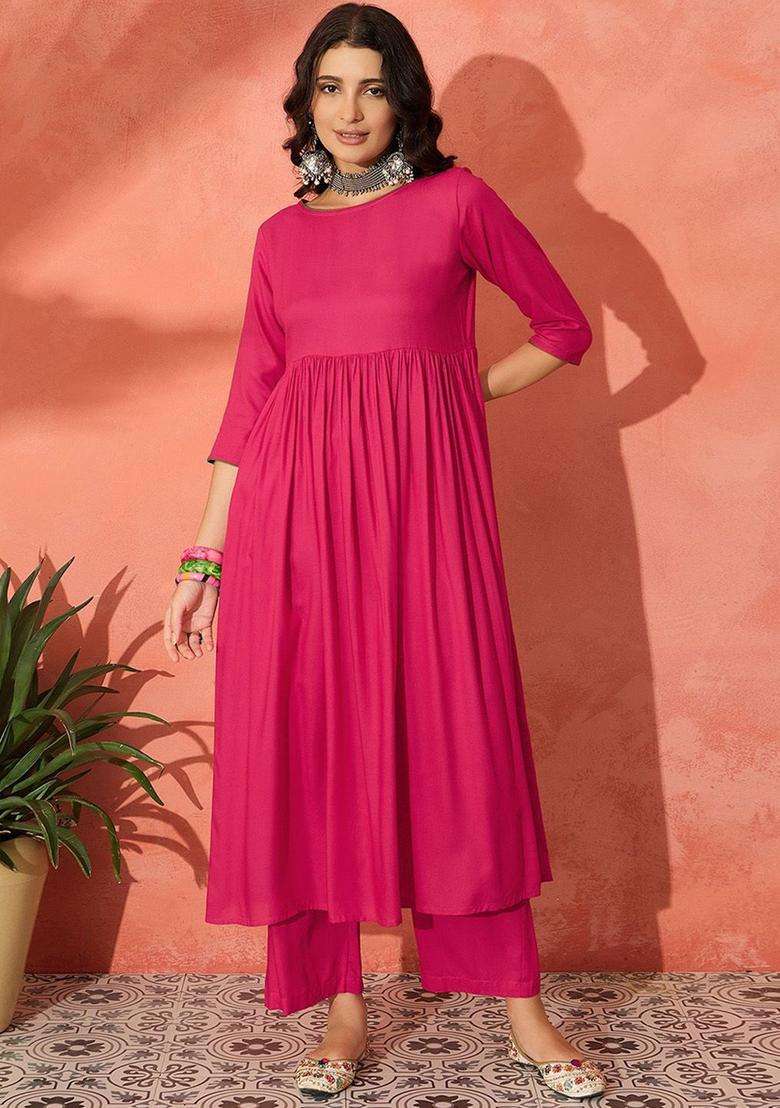 Fuchsia Solid Viscose Anarkali Set - Indya