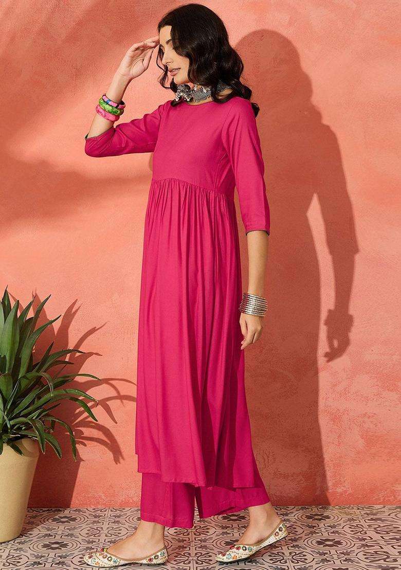 Fuchsia Solid Viscose Anarkali Set - Indya