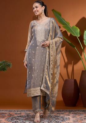 Grey Embroidered Silk Kurta Set