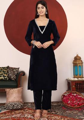 Navy Blue Solid Velvet Kurta Set