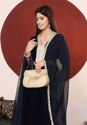 Navy Blue Embroidered Velvet Kurta Set