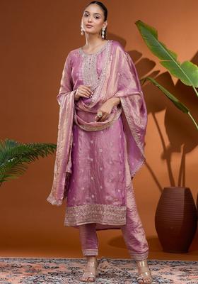 Pink Embroidered Tissue Kurta Set