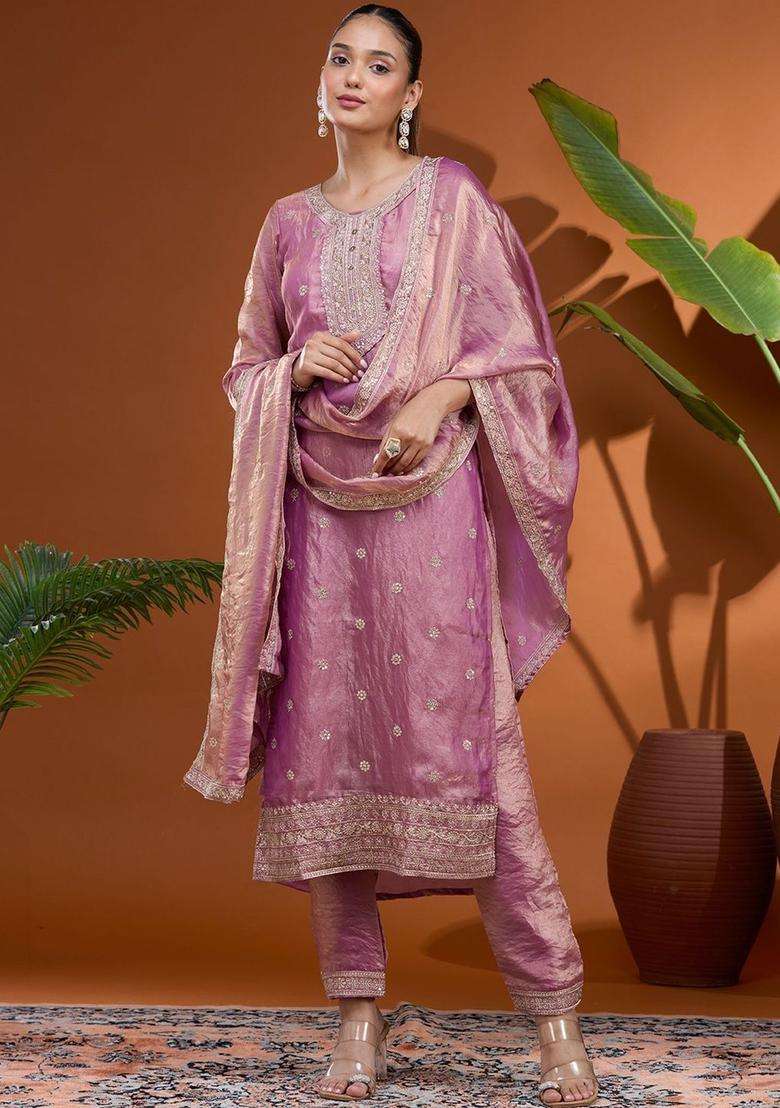 Pink Embroidered Tissue Kurta Set - Indya