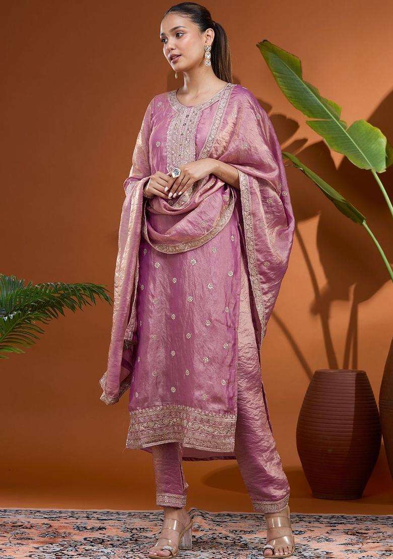 Pink Embroidered Tissue Kurta Set - Indya
