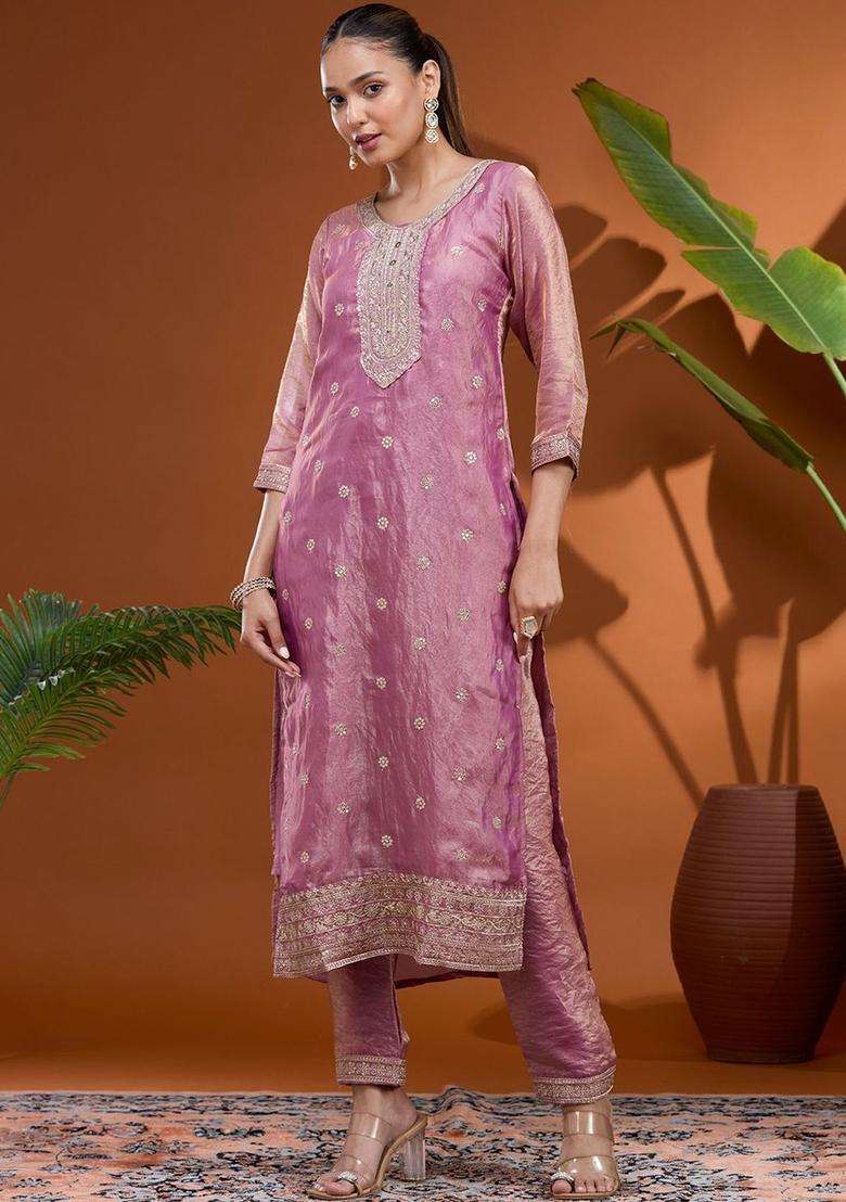 Pink Embroidered Tissue Kurta Set - Indya