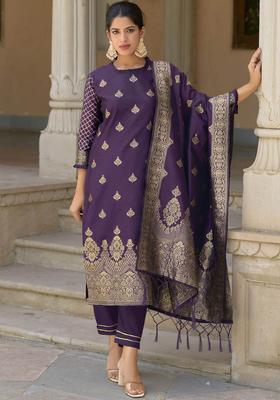 Purple Woven Design Silk Blend Kurta Set