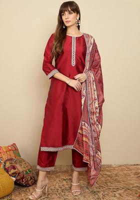 Red Solid Silk Blend Kurta Set