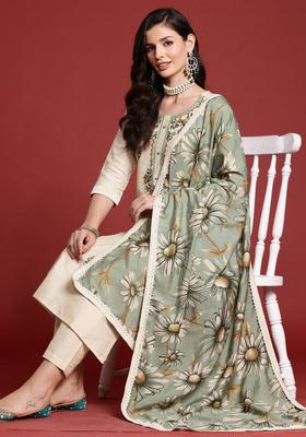 Cream Embroidered Silk Blend Kurta Set