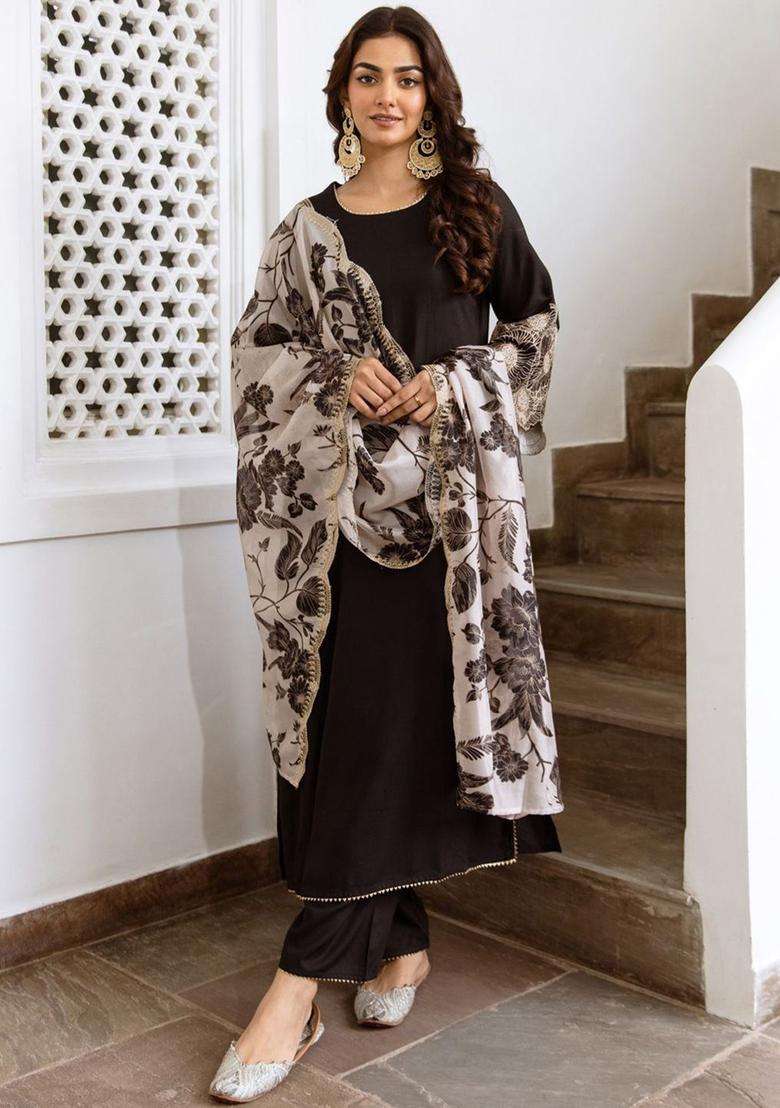 Black Solid Viscose Kurta Set - Indya