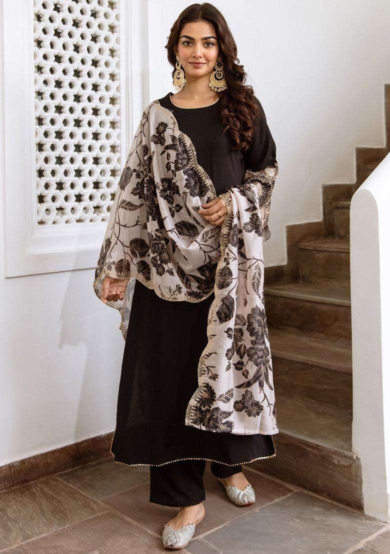 Black Solid Viscose Kurta Set - Indya