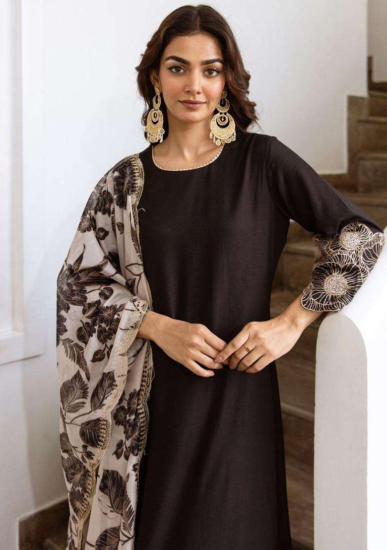 Black Solid Viscose Kurta Set - Indya