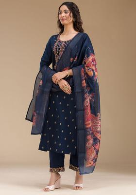 Blue Embroidered Crepe Kurta Set