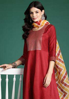 Red Solid Liva Kurta Set
