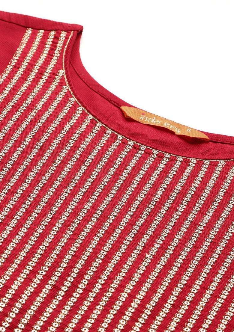 Red Solid Liva Kurta Set - Indya