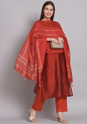 Maroon Woven Design Silk Blend Kurta Set