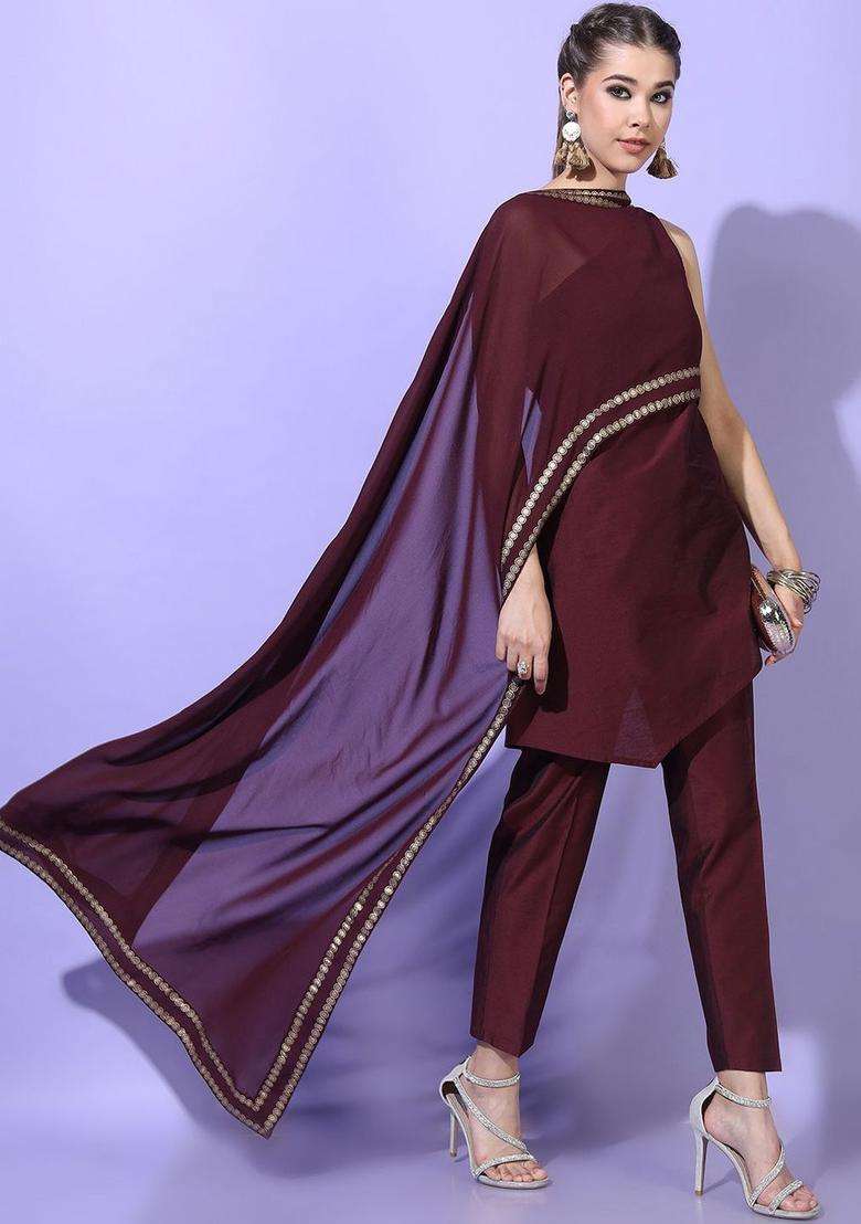 Maroon Printed Polyester Kurta Set - Indya