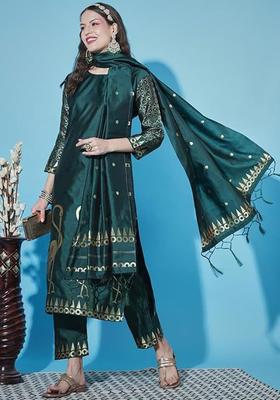 Green Woven Design Silk Blend Kurta Set