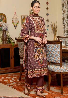 Brown Embroidered Silk Kurta Set