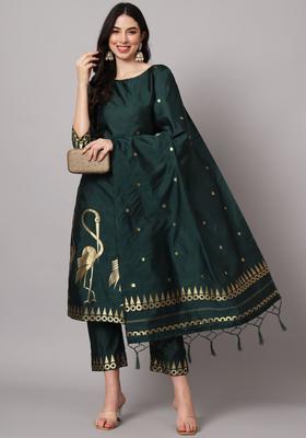 Green Woven Design Silk Blend Kurta Set