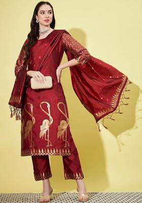 Maroon Woven Design Silk Blend Kurta Set